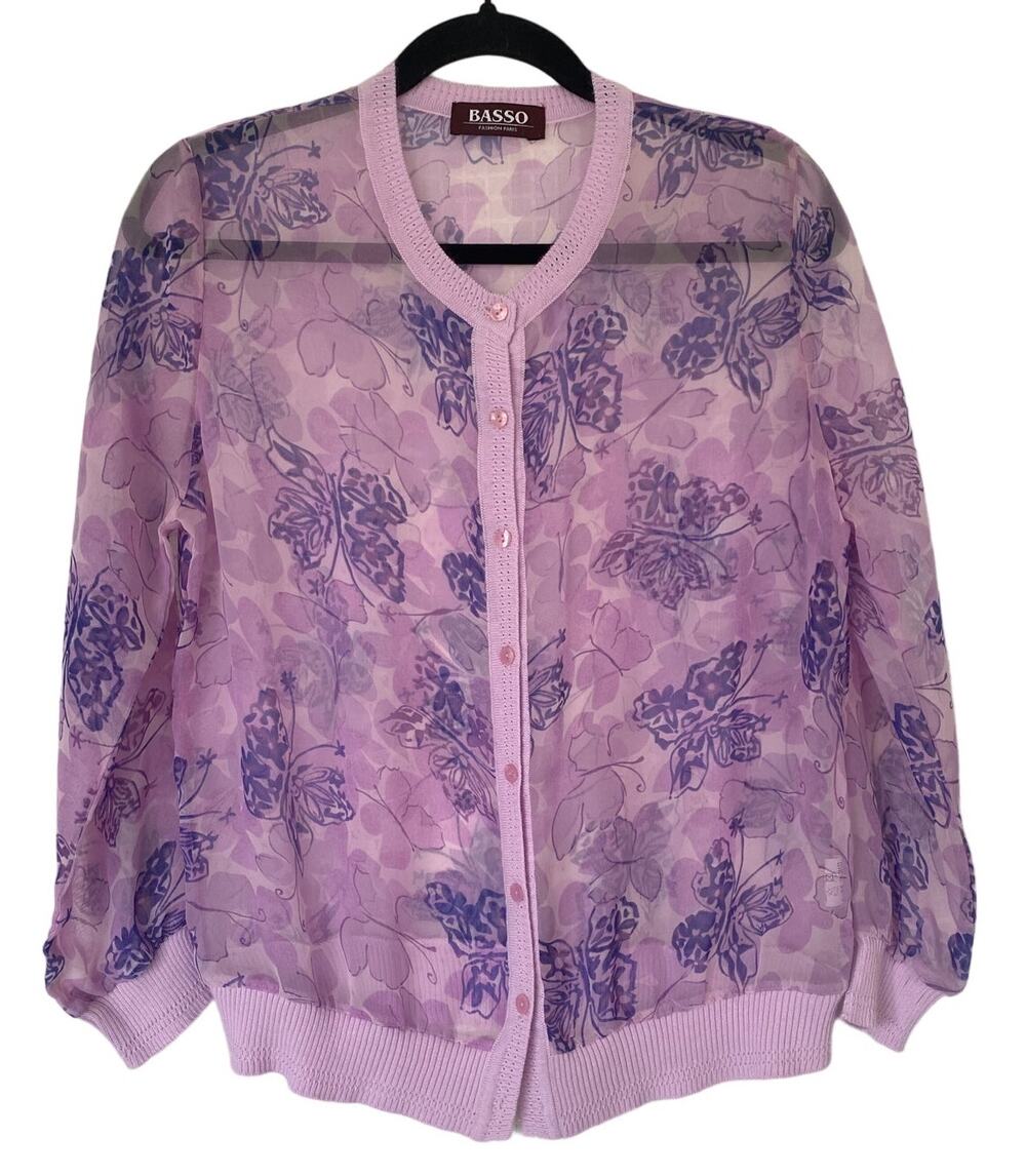Sheer Purple Floral Butterfly Button Cardigan Size M/L Y2K Fairycore Romantic